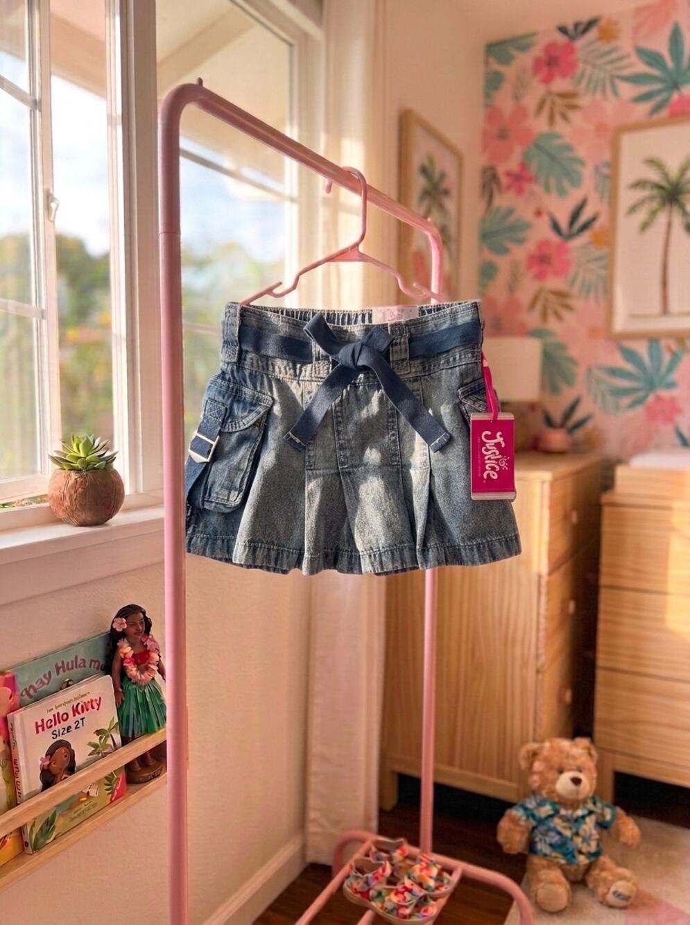 Justice Girls Denim Chambray Cargo Skirt Pleated Belted Size XS (5/6)